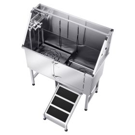 Stainless Steel Dog Washing Station, 50 inch Pet Grooming Tub w/ Ramp, PE Water Filter Board